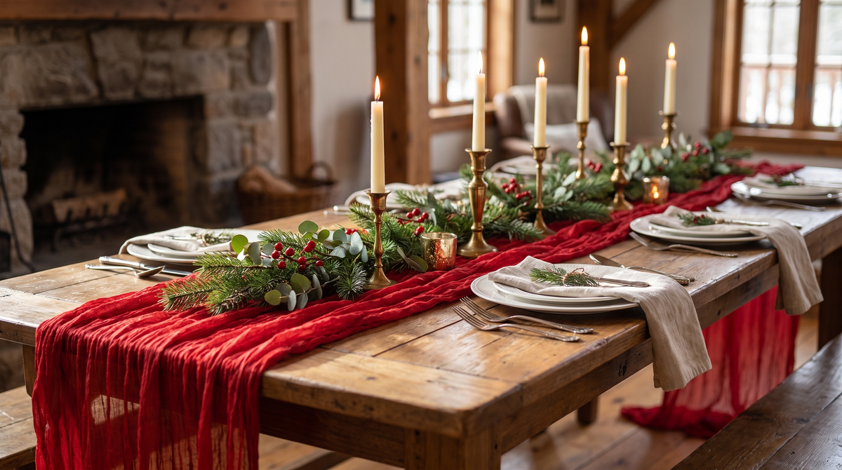 Chemin de table de Noël rouge en gaze, extra long