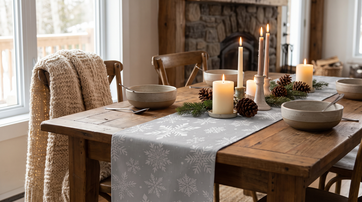 Chemin de table de Noël aux flocons gris, en lin