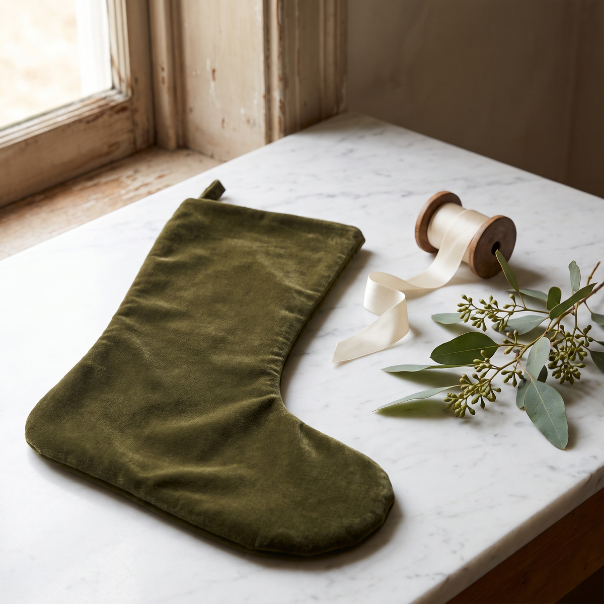 Bas de Noël en velours posé à plat avec un ruban de satin