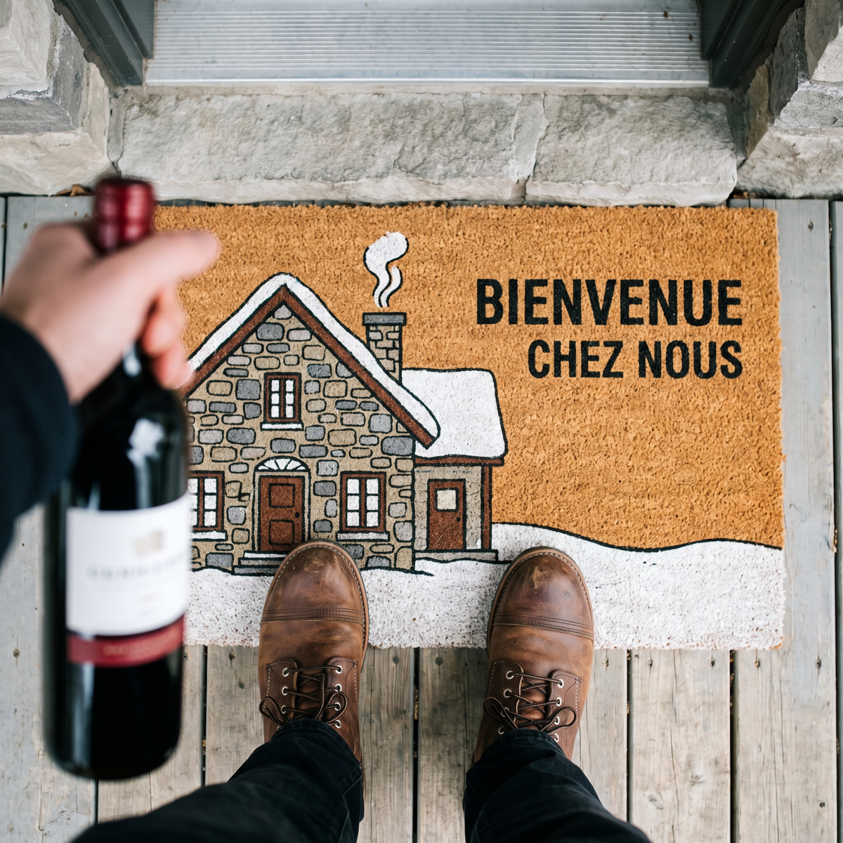 Visiteur debout sur un paillasson illustré personnalisé