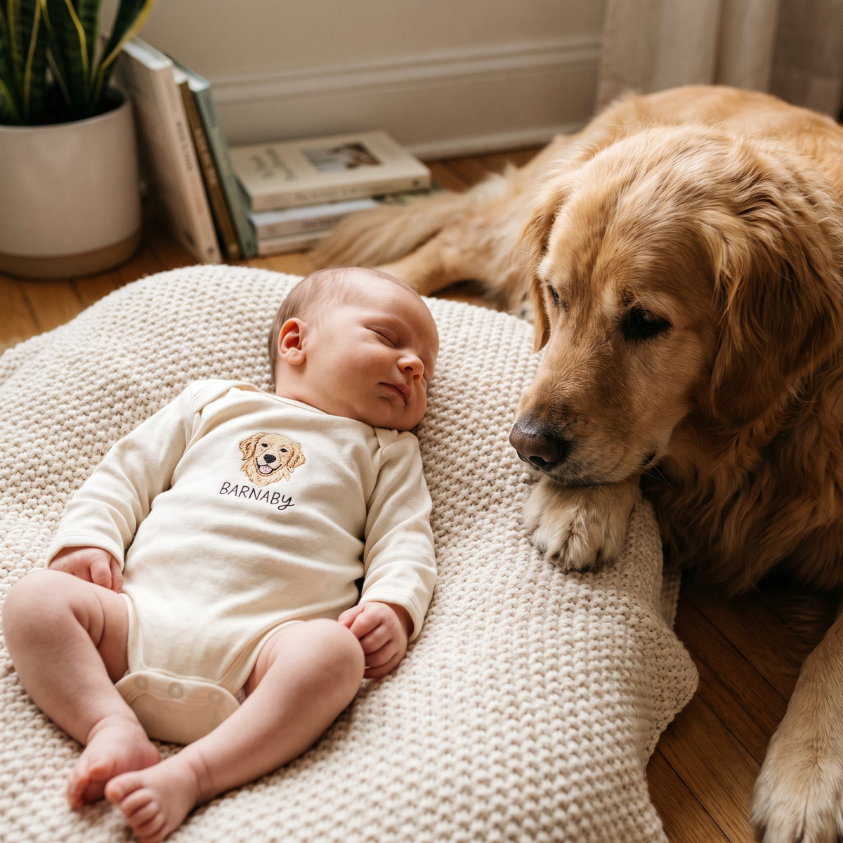 Nouveau-né en cache-couche brodé du portrait du chien de la famille, couché à côté de lui