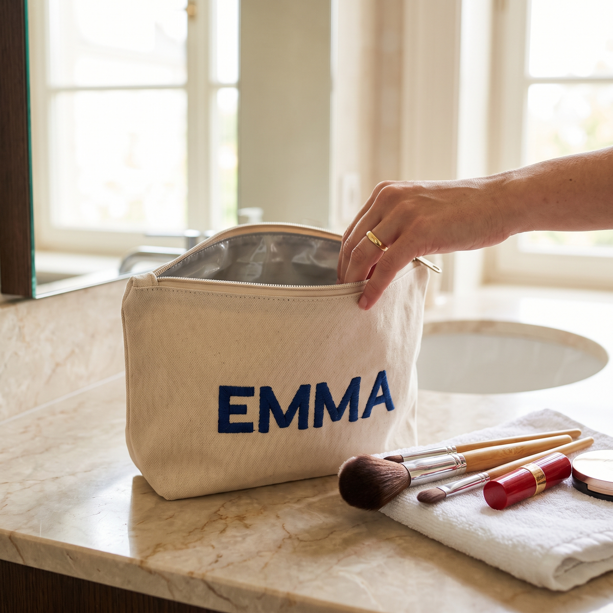 Trousse de maquillage brodée au prénom, ouverte sur un comptoir de salle de bain
