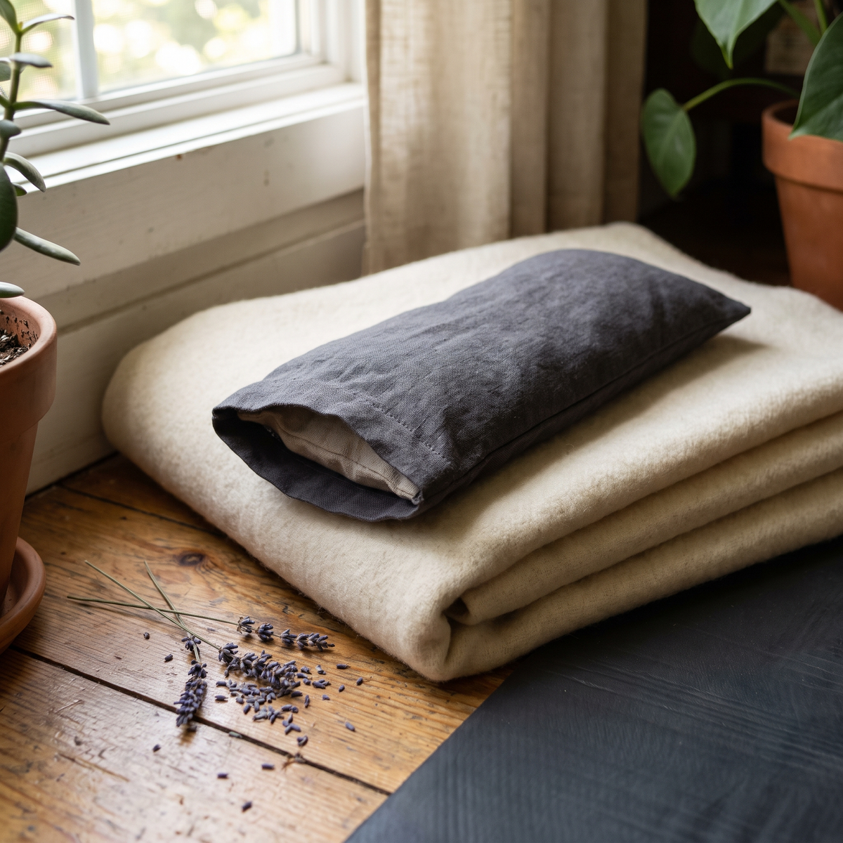 Coussin pour les yeux en lin lesté, posé sur une couverture pliée près d'un tapis de yoga