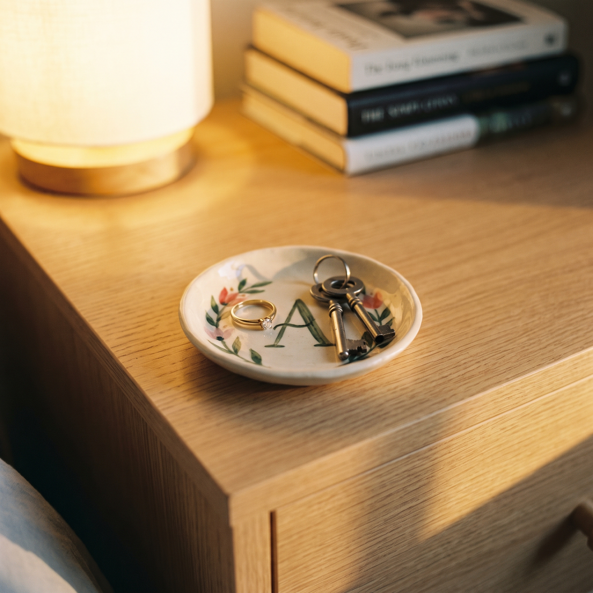 Plat à bijoux sur une table de chevet avec une bague et des clés