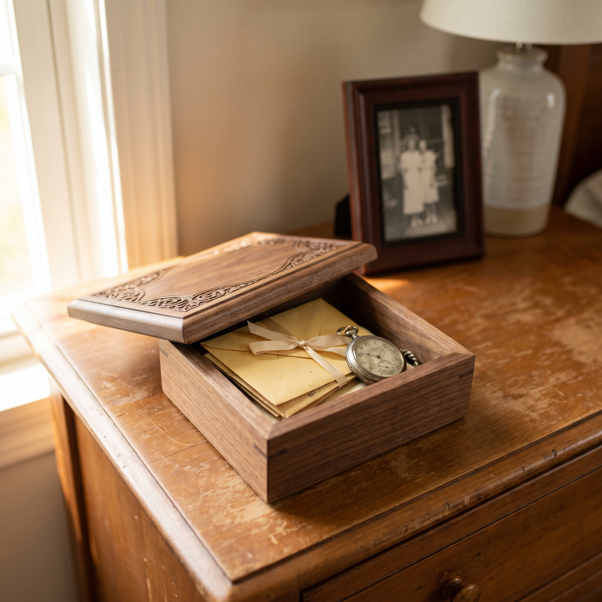 Coffret souvenir en noyer gravé