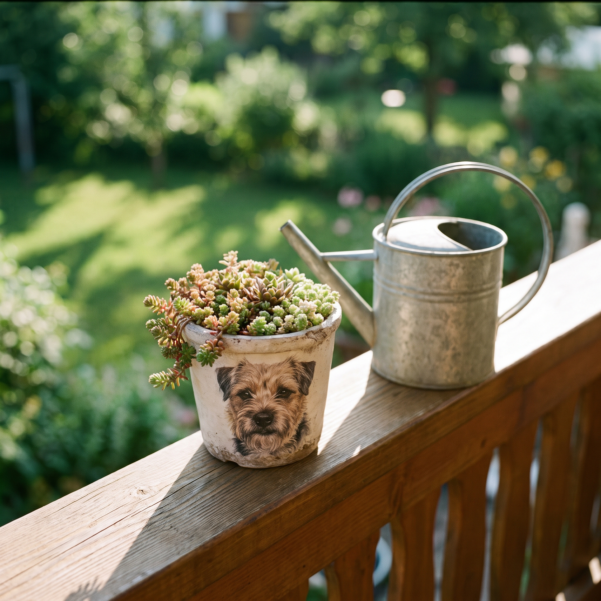 Jardinière au portrait d'animal sur un balcon ensoleillé