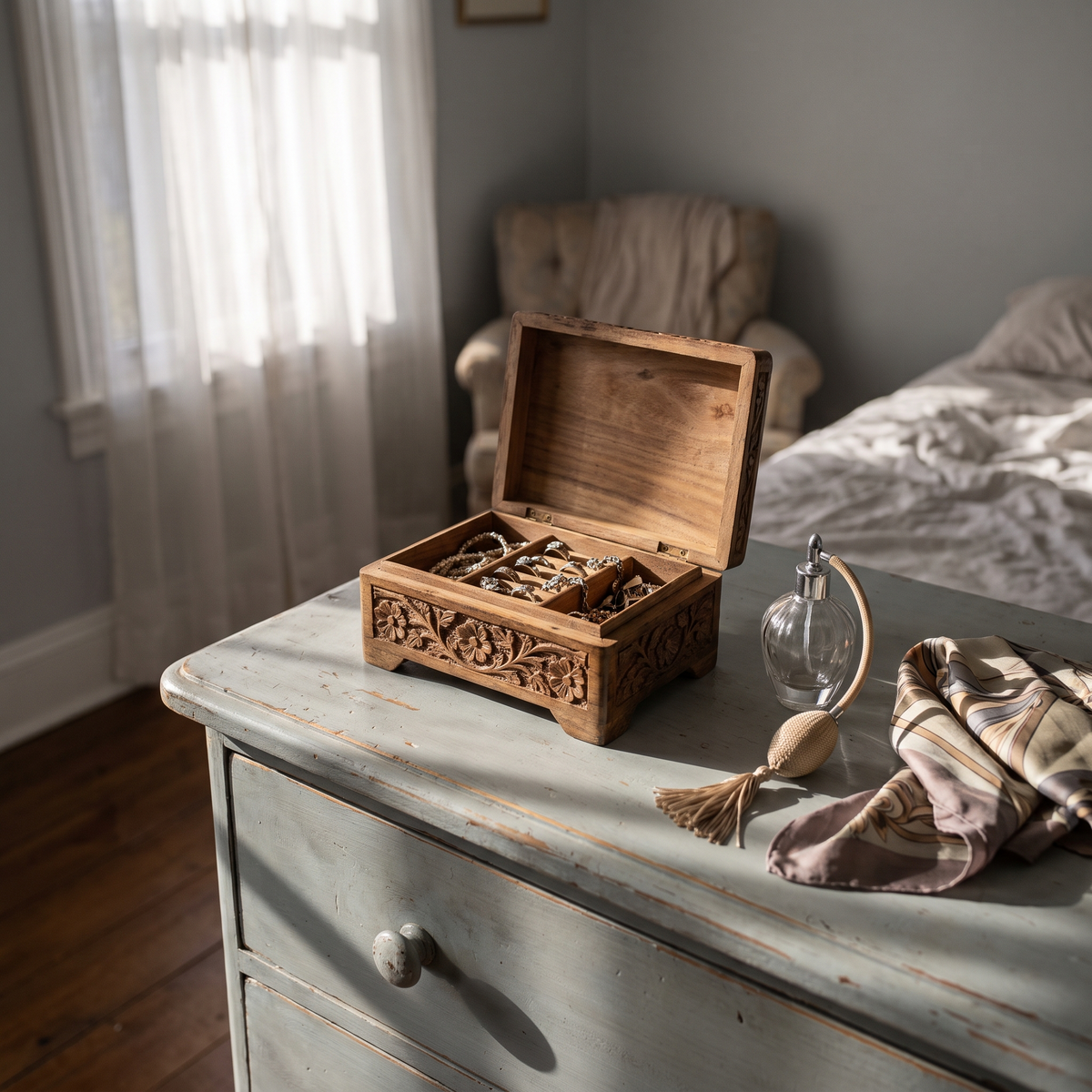 Boîte à bijoux en bois gravée, plateaux et miroir