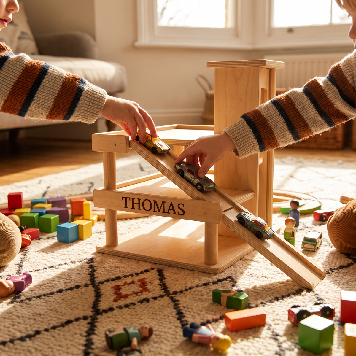 Mains d'enfant qui font rouler des petites voitures sur la rampe du garage en bois