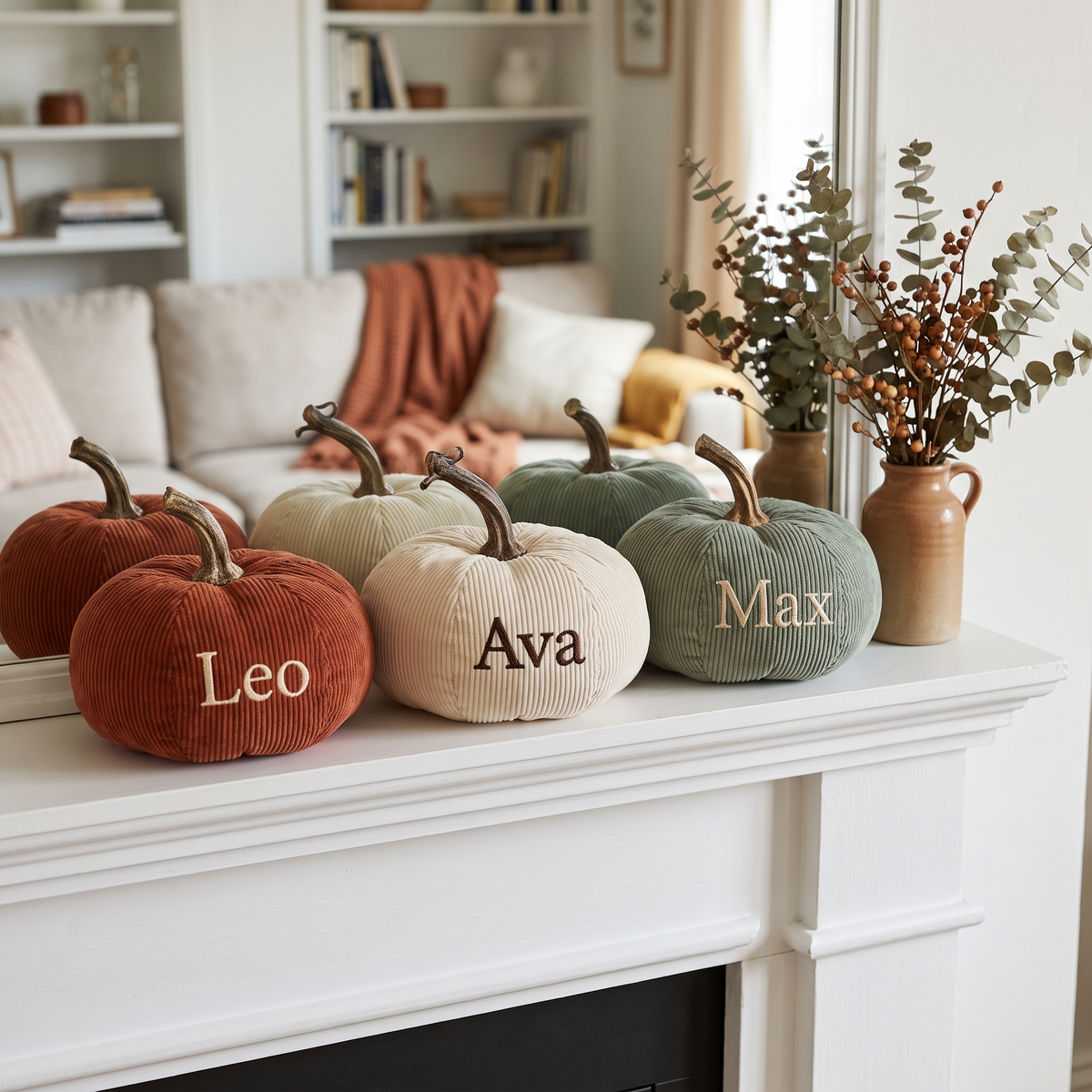 Citrouille décorative en tissu, brodée au prénom