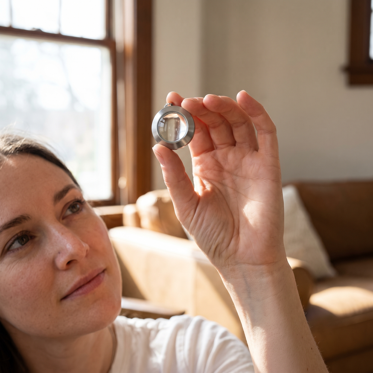 Femme regardant la photo projetée dans la lentille du médaillon