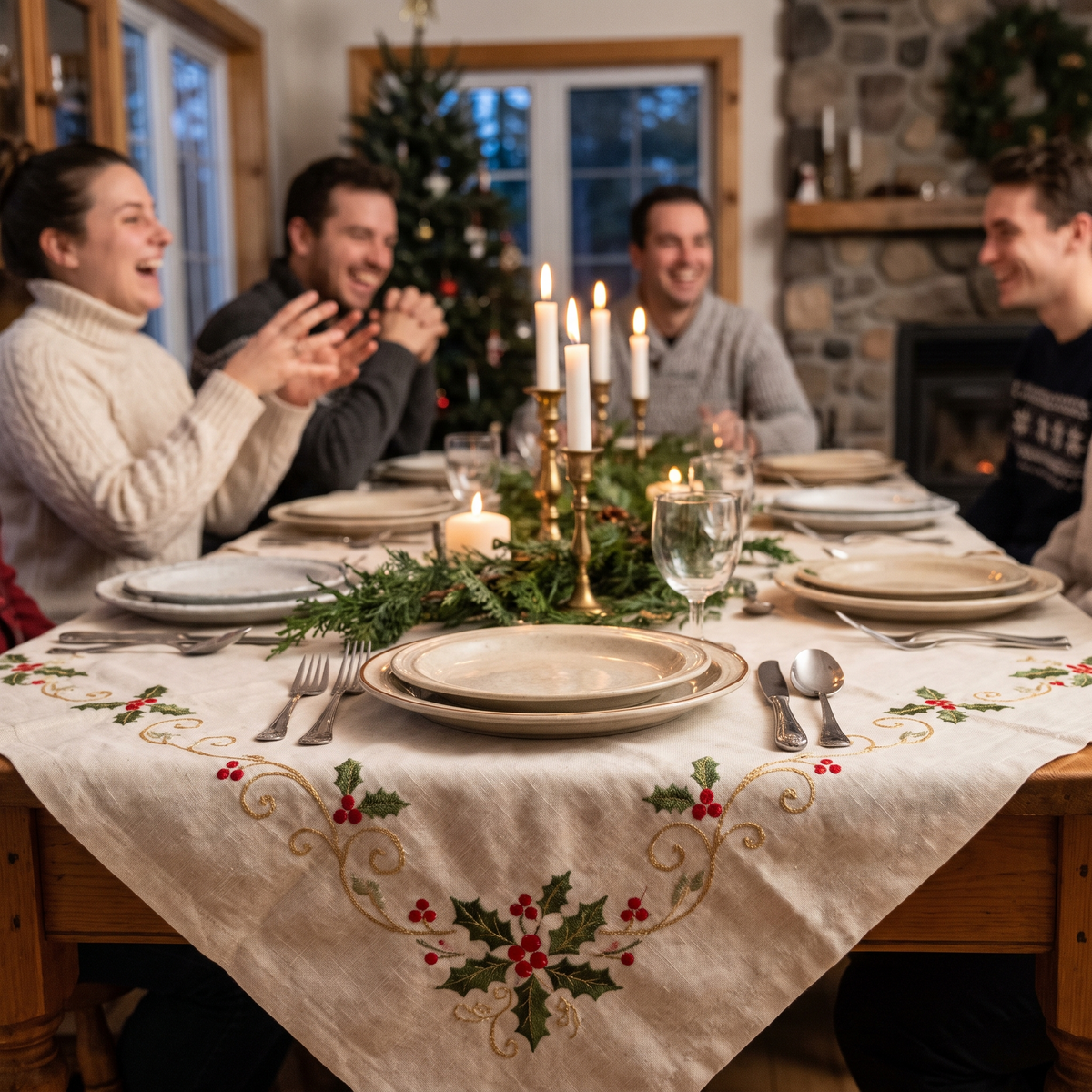 Nappe de Noël en lin brodée
