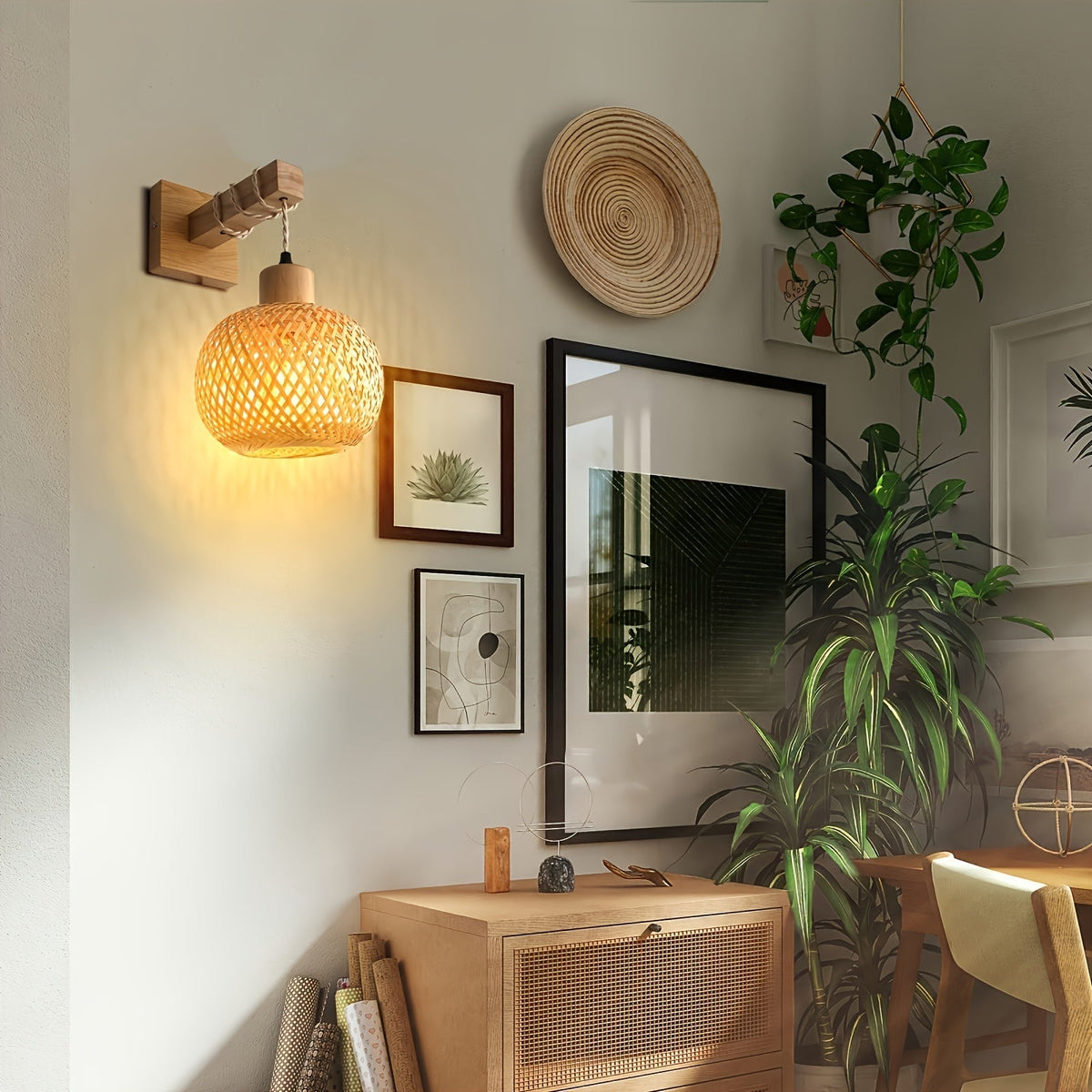 Applique murale en bois et rotin