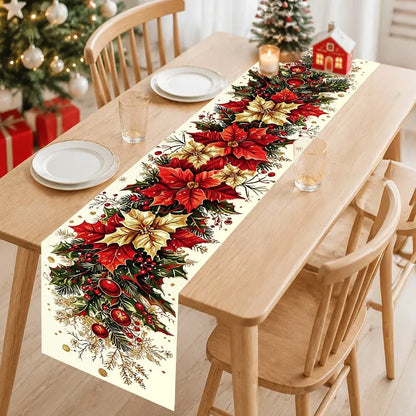 Chemin de table de Noël aux poinsettias et au houx