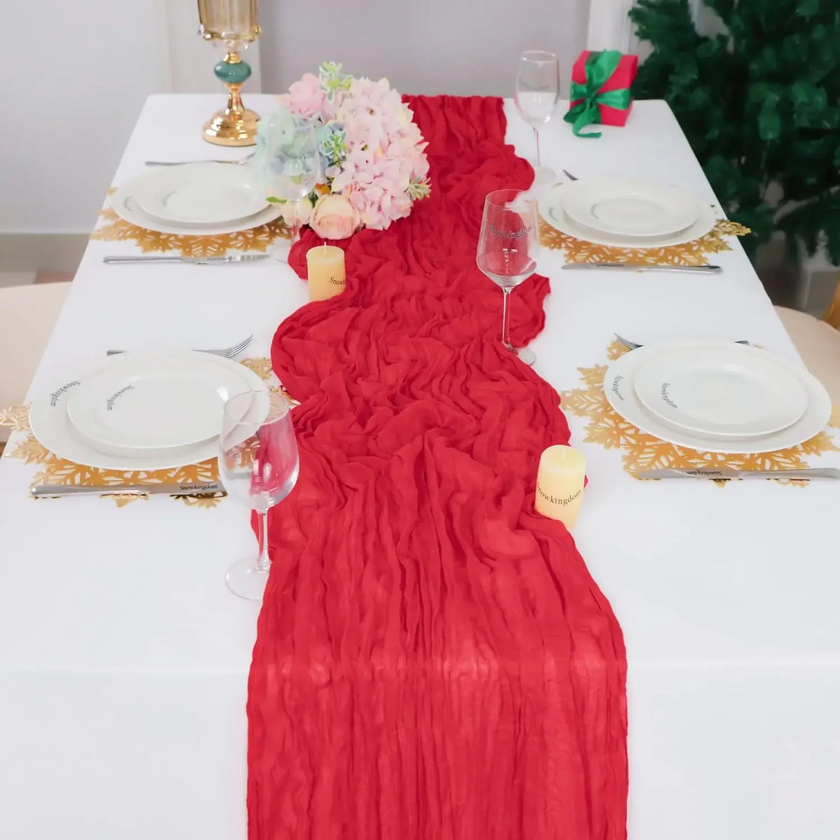 Chemin de table de Noël rouge en gaze, extra long