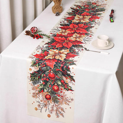 Chemin de table de Noël aux poinsettias et au houx