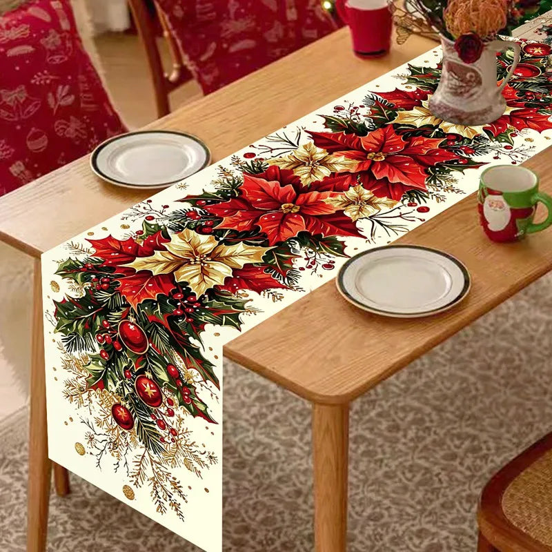 Chemin de table de Noël aux poinsettias et au houx
