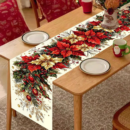 Chemin de table de Noël aux poinsettias et au houx