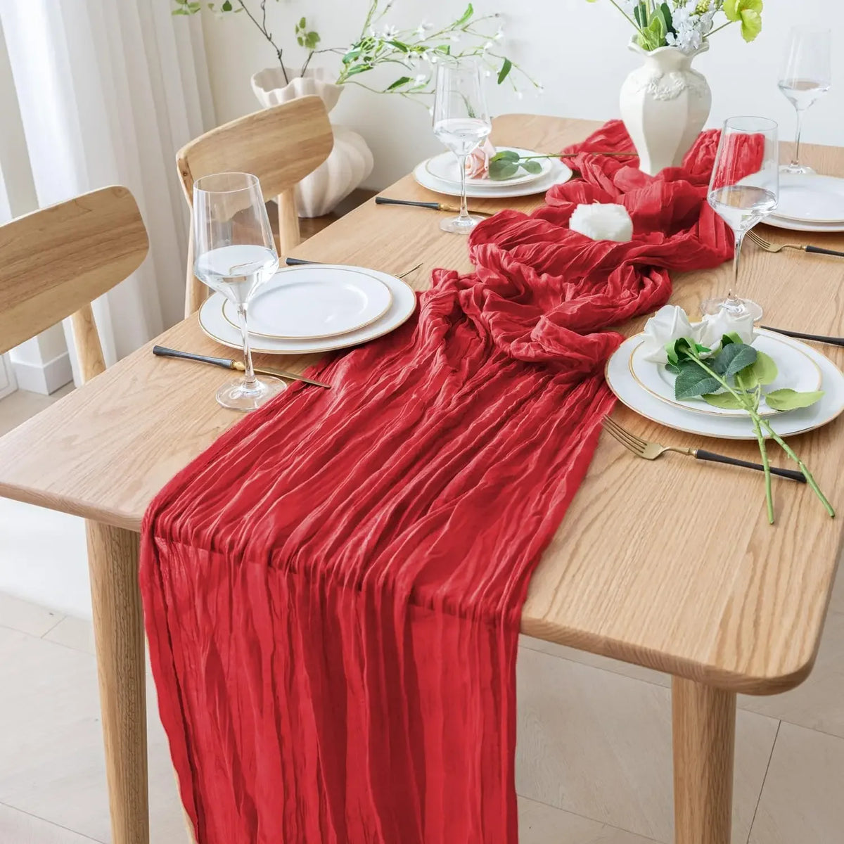 Chemin de table de Noël rouge en gaze, extra long