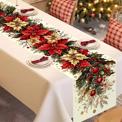 Chemin de table de Noël aux poinsettias et au houx
