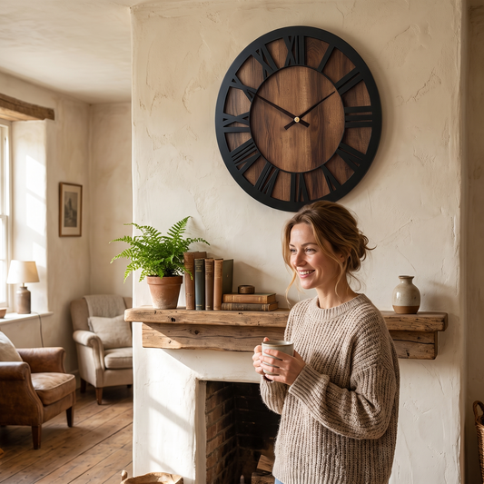 Horloge murale vintage en bois à chiffres romains accrochée dans un salon