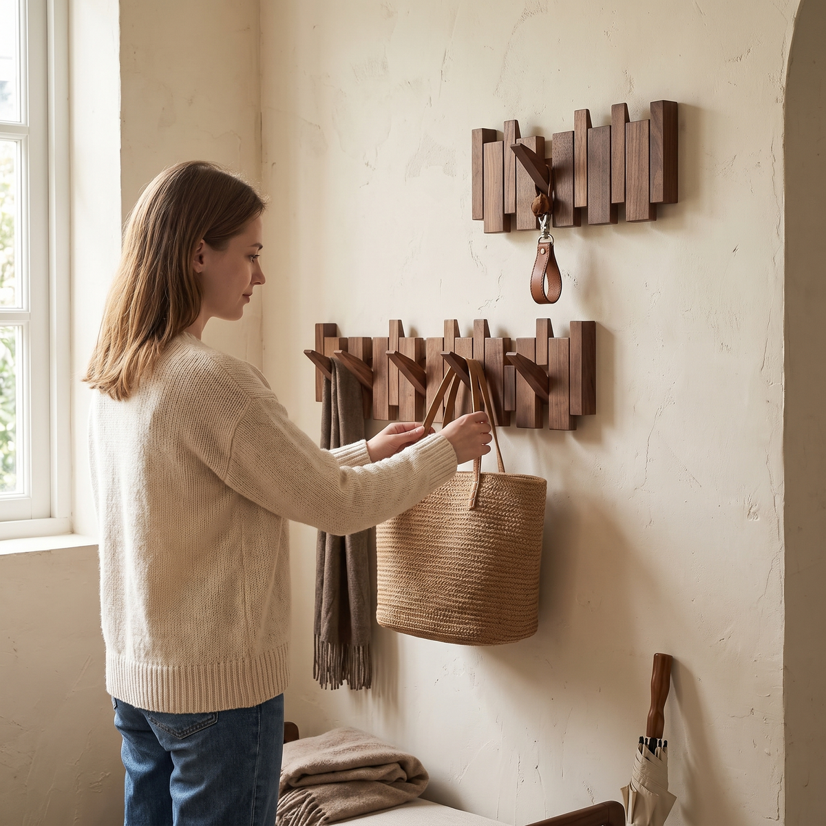 Patère murale en bois avec crochets escamotables installée dans une entrée