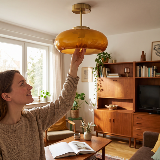 Plafonnier vintage en laiton et verre ambré installé au plafond d'une pièce