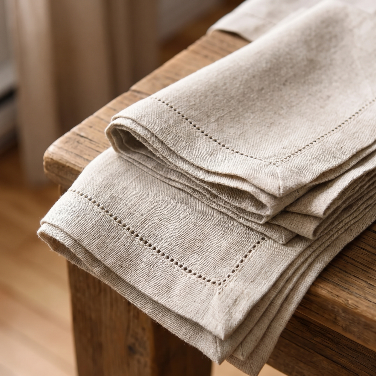 Serviettes de table en lin à jours échelle, kaki – en situation