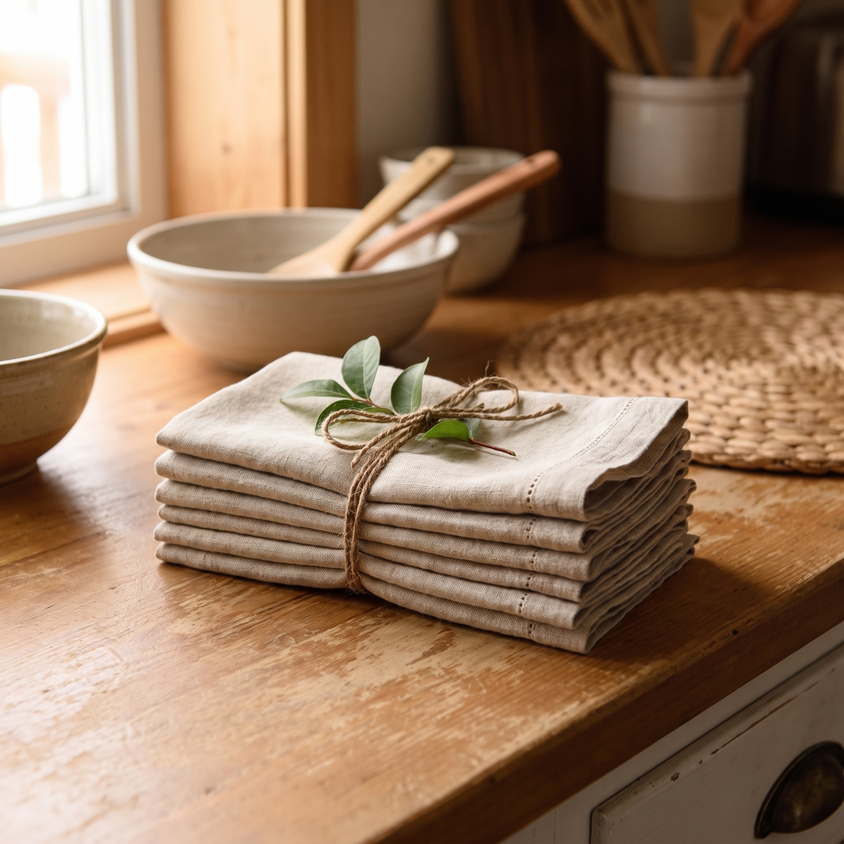 Serviettes de table en lin à jours échelle, kaki – usage