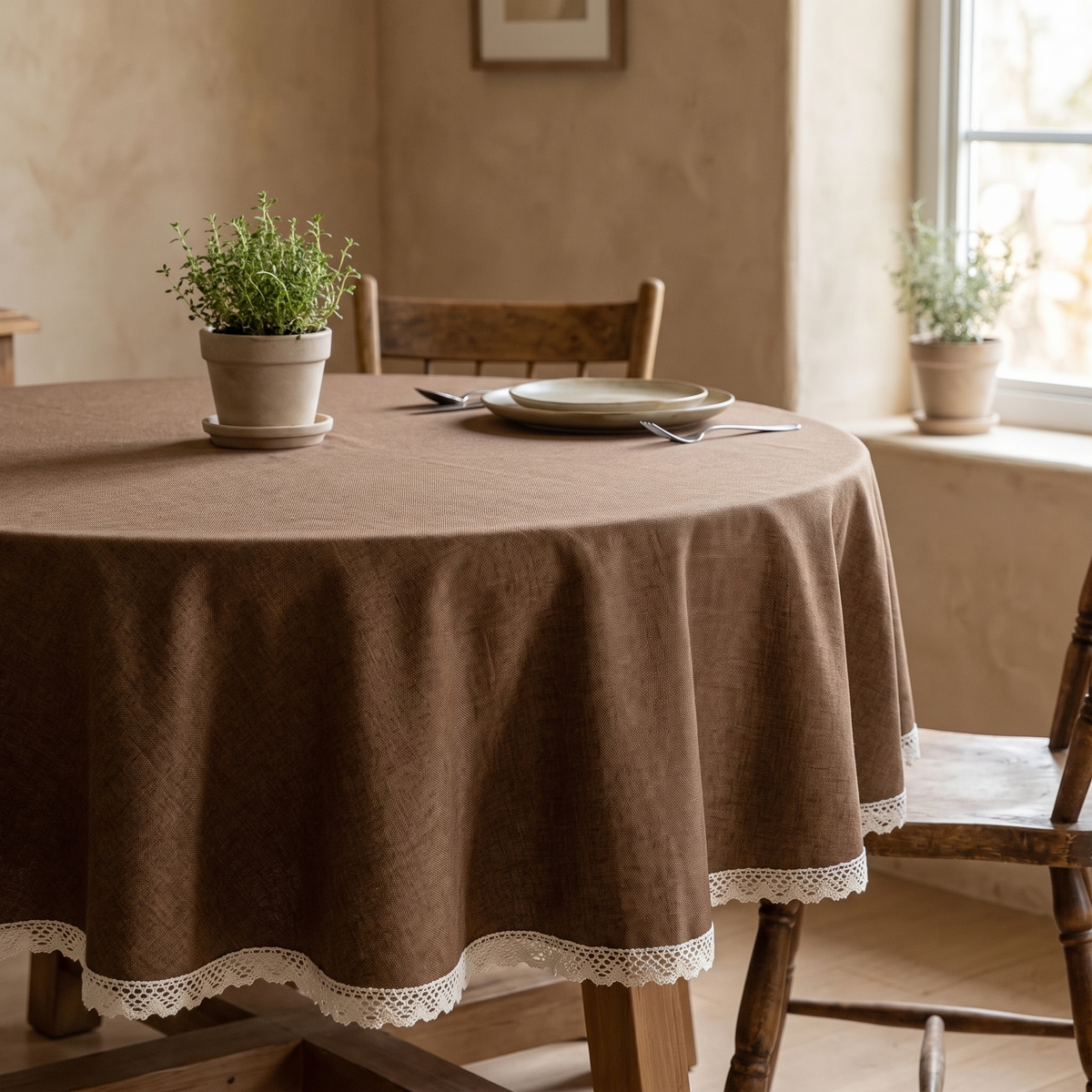 Nappe ronde en lin à franges – en situation