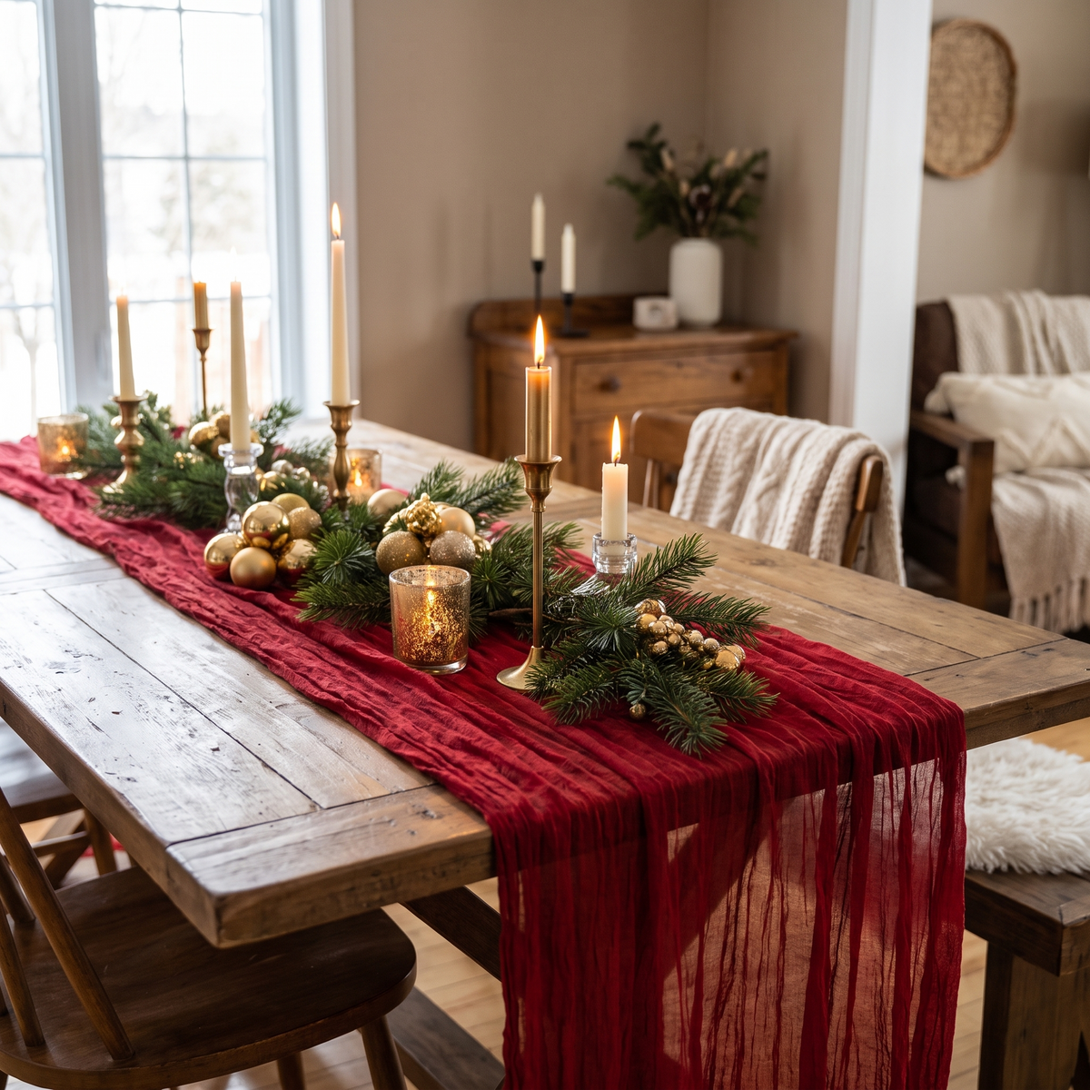 Chemin de table de Noël rouge en gaze, extra long – détail