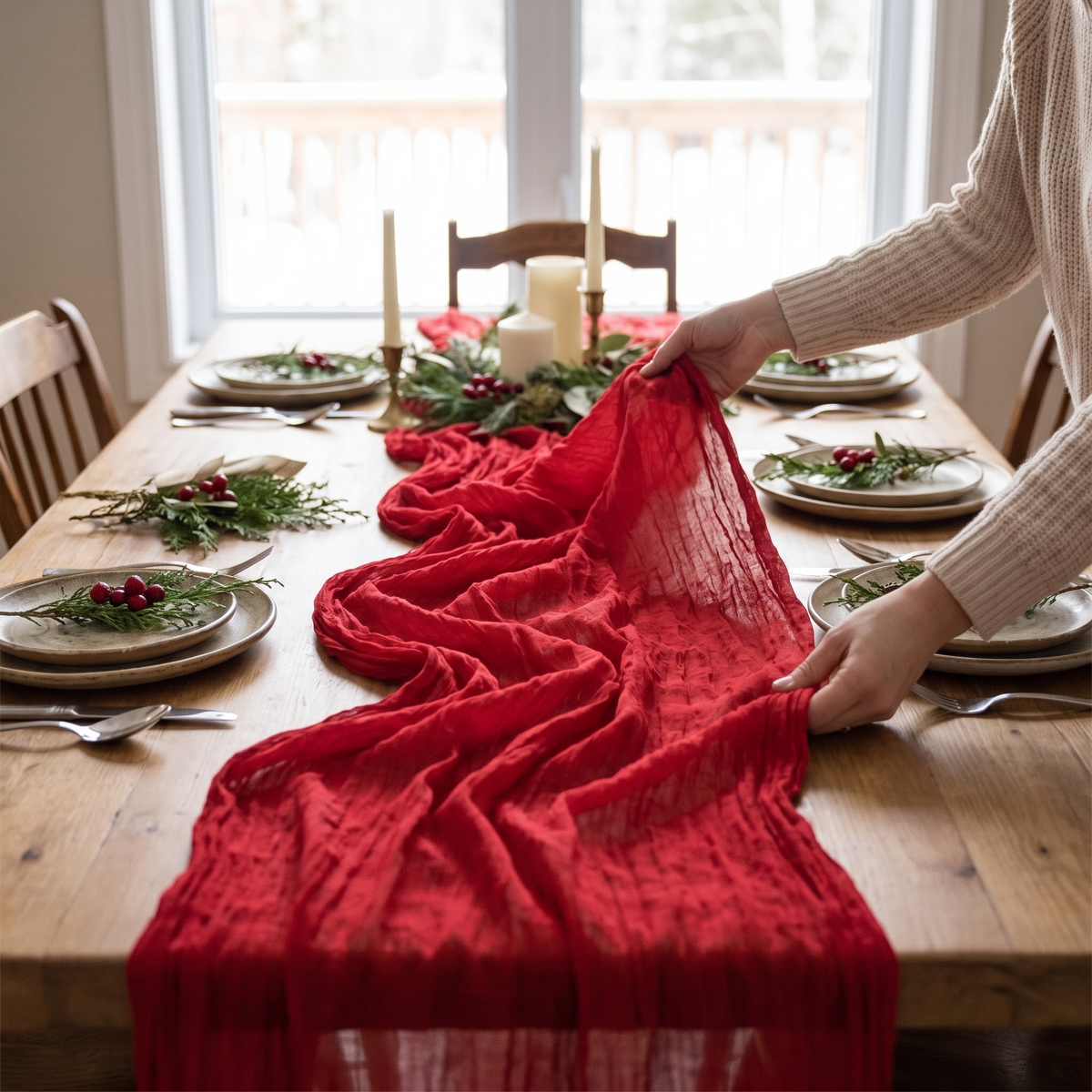 Chemin de table de Noël rouge en gaze, extra long – en situation