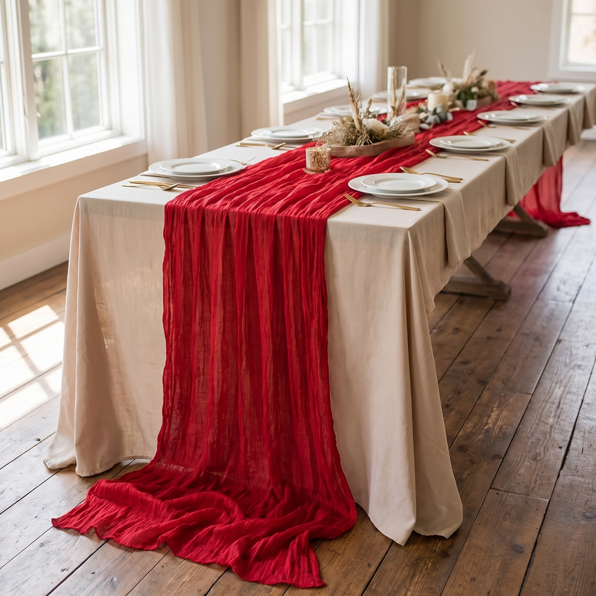 Chemin de table de Noël rouge en gaze, extra long – usage