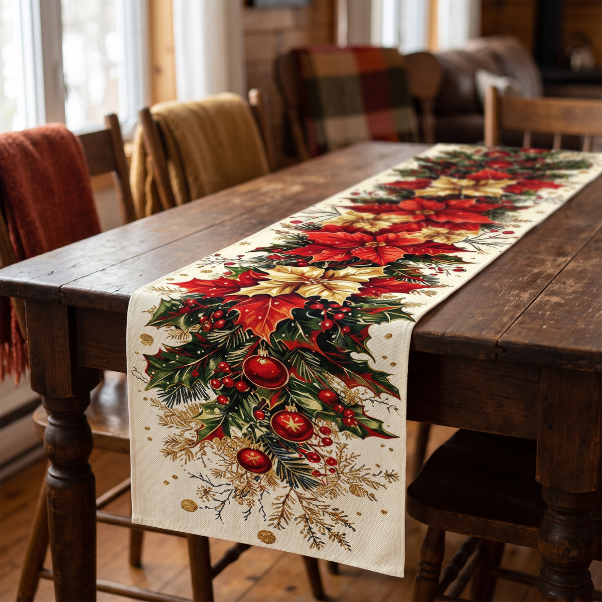 Chemin de table de Noël aux poinsettias et au houx – en situation