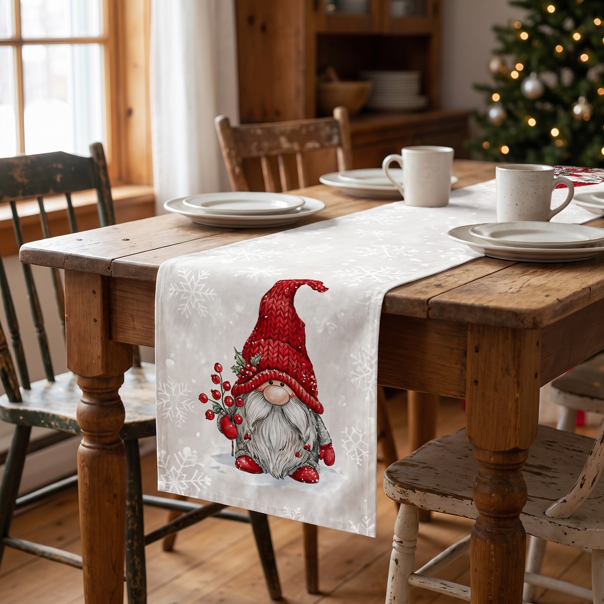 Chemin de table de Noël lutin et flocons – en situation
