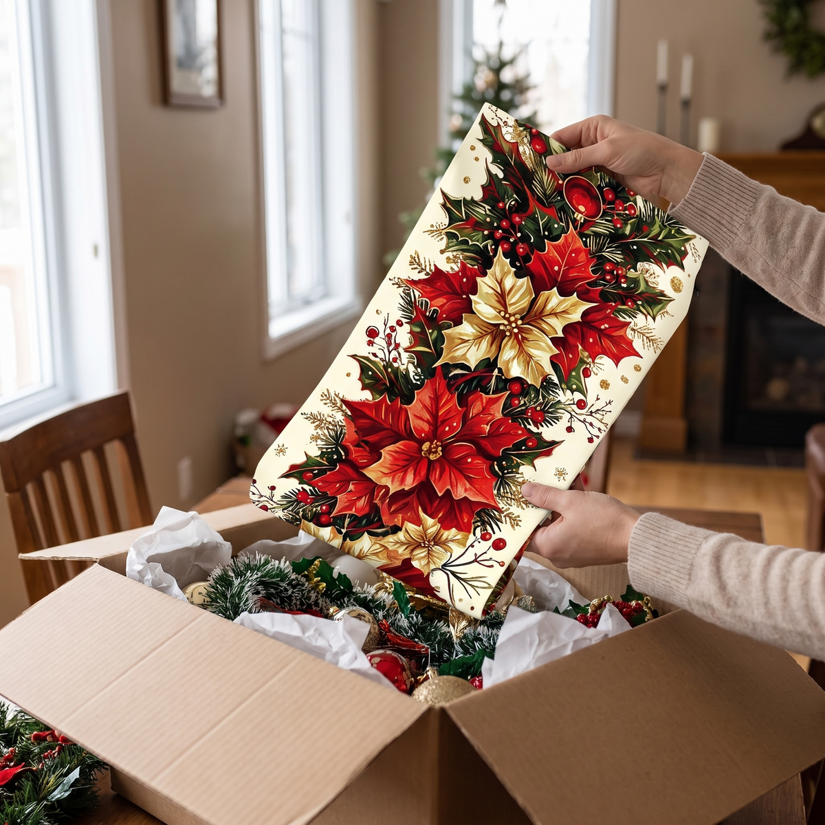 Chemin de table de Noël aux poinsettias et au houx – usage