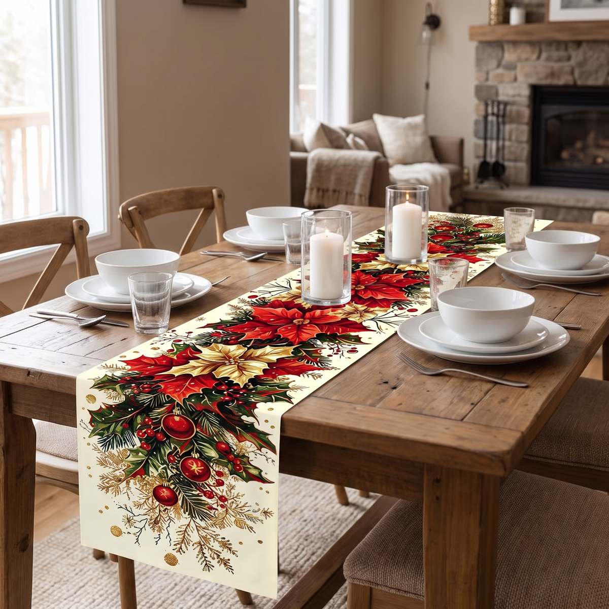 Chemin de table de Noël aux poinsettias et au houx – détail