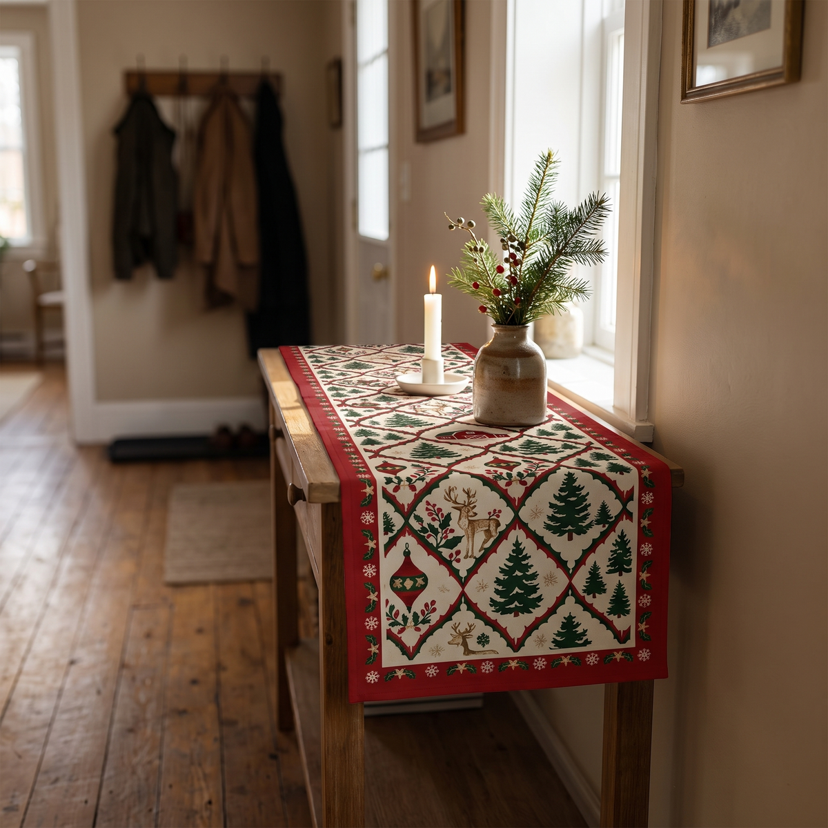 Chemin de table de Noël aux sapins, style scandinave – détail