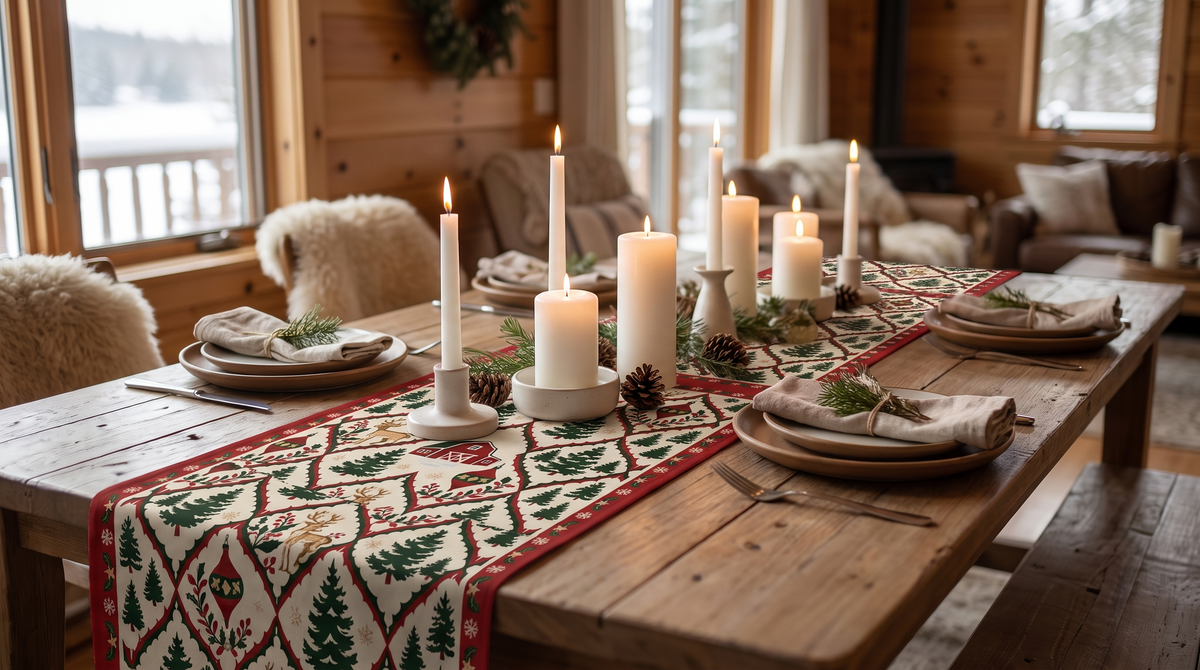 Chemin de table de Noël aux sapins, style scandinave