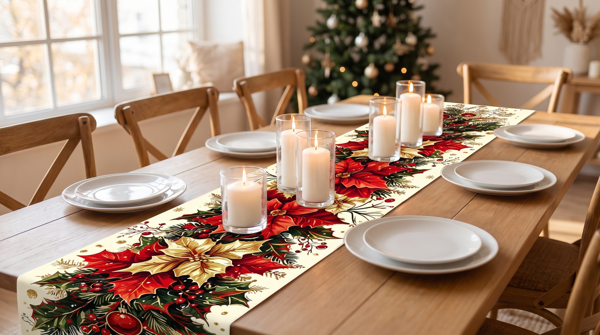 Chemin de table de Noël aux poinsettias et au houx