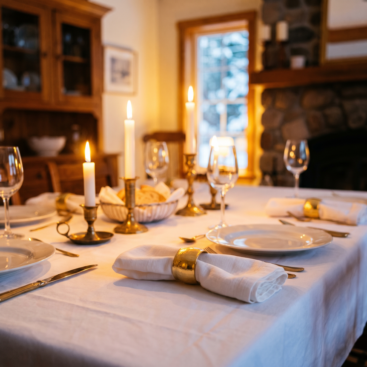 Table de soir aux chandelles avec des ronds de serviette dorés