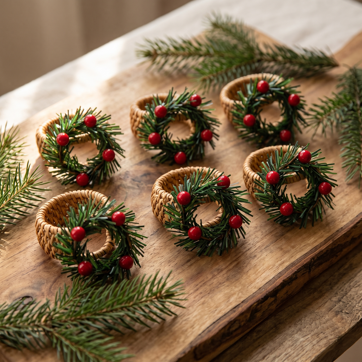 Six ronds de serviette de Noël en rotin posés sur une planche de bois