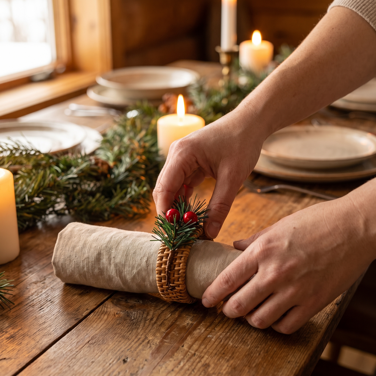 Mains plaçant un rond de serviette de Noël sur une serviette roulée