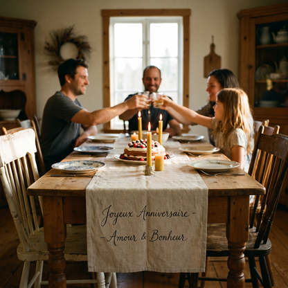 Table d'anniversaire à la maison avec un chemin de table en lin personnalisé