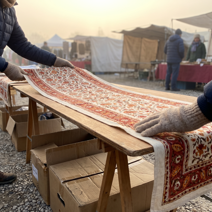 Mains installant un chemin de table imprimé sur une table pliante