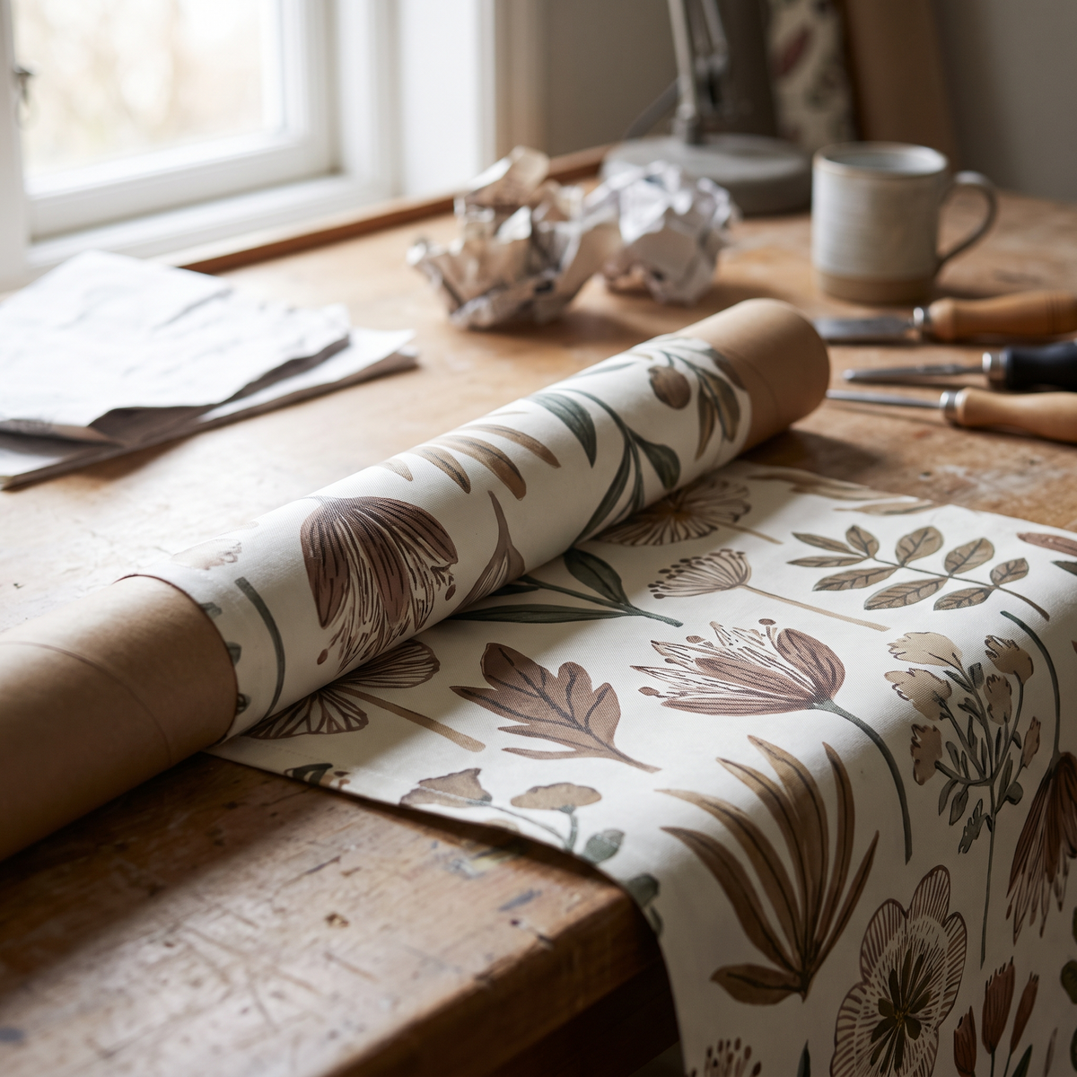Nappe imperméable imprimée en train d'être roulée pour le rangement