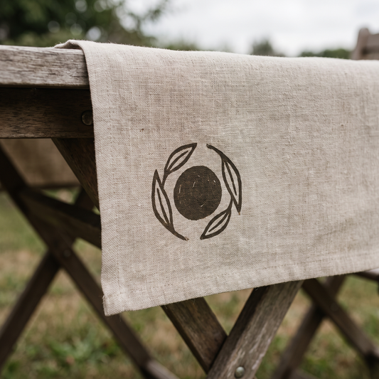 Gros plan d'un chemin de table imprimé avec un logo