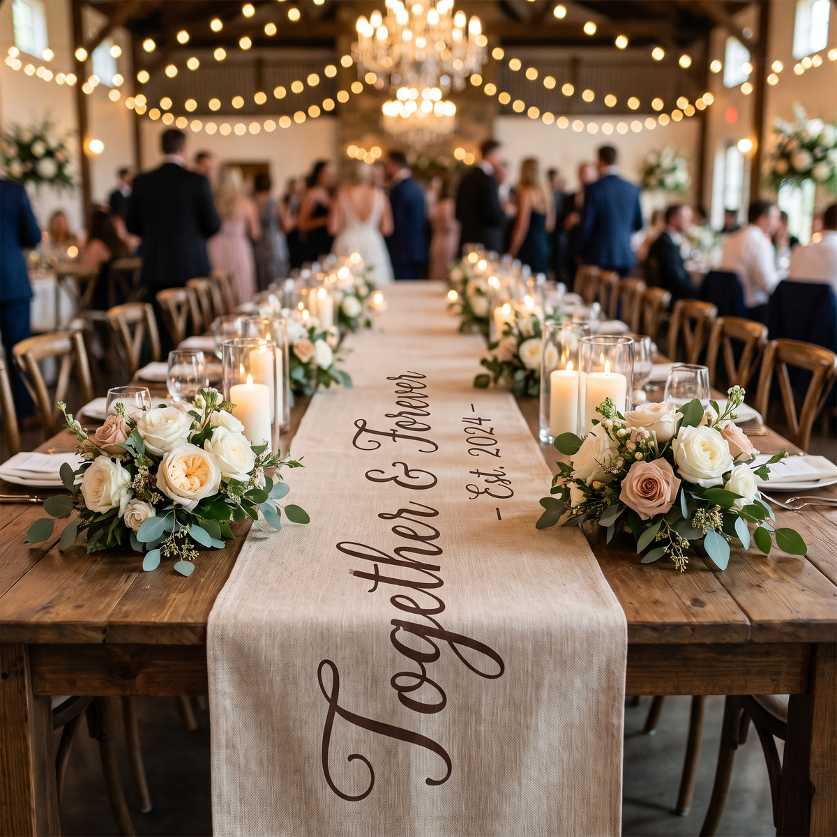 Table d'honneur de mariage avec un chemin de table en lin personnalisé