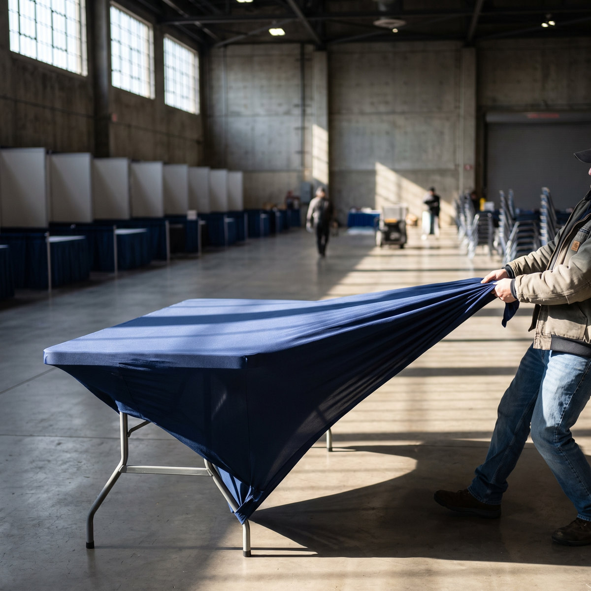 Installation d'une nappe extensible sur une table pliante au montage