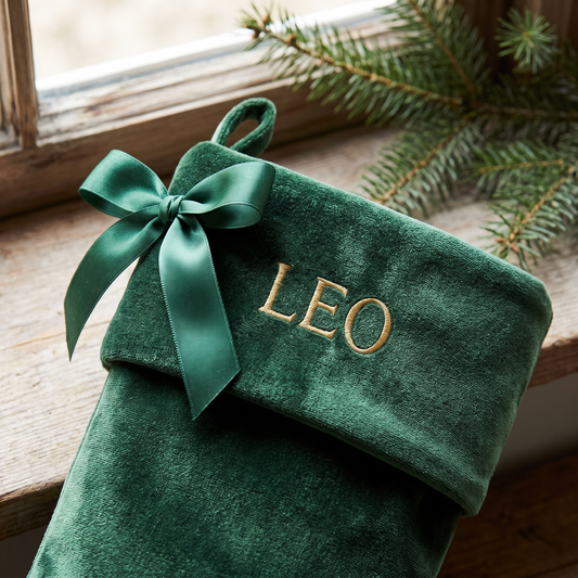 Gros plan du revers en velours d'un bas de Noël avec boucle
