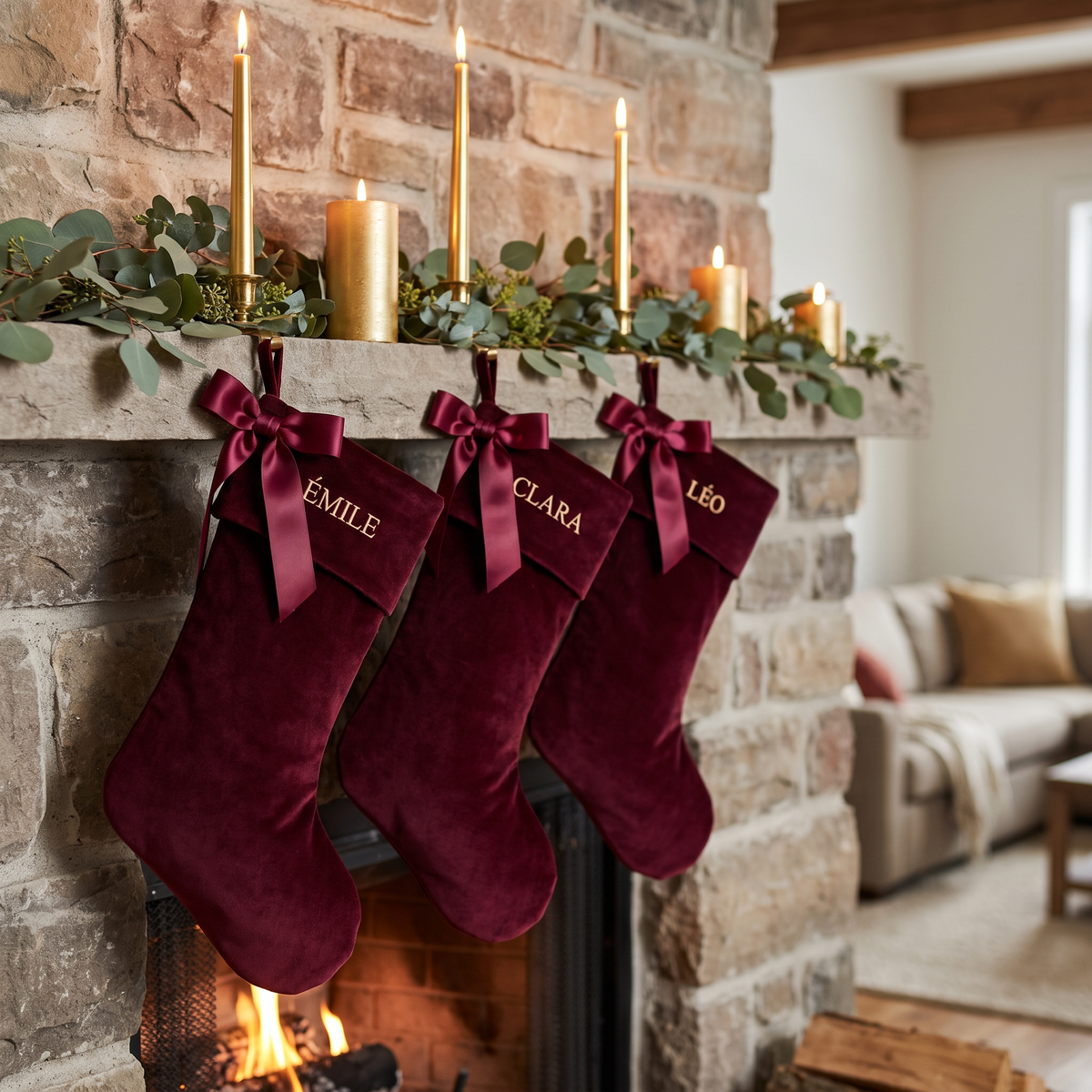 Bas de Noël en velours à boucle sur un manteau de cheminée